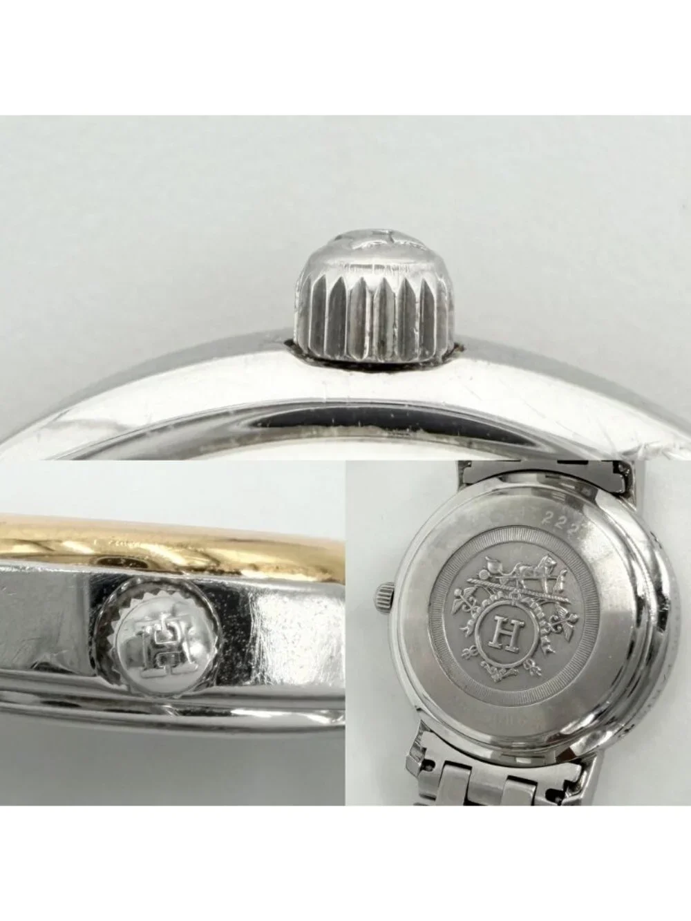Hermes Watch Clipper Cles Motif Date Combo SS Battery Powered White Shell Dial